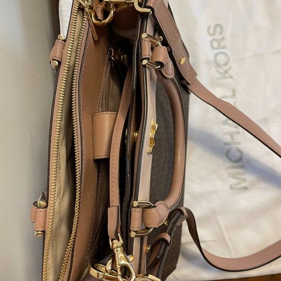 Michael Kors Reagan Large Satchel Signature Brown Soft Pink Fawn Coated Twill - Picture 7 of 11